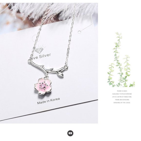 #NEW 925 Sterling Silver Pink White Diamond Cherry Blossom Leaf Branch Necklace - Picture 11 of 11